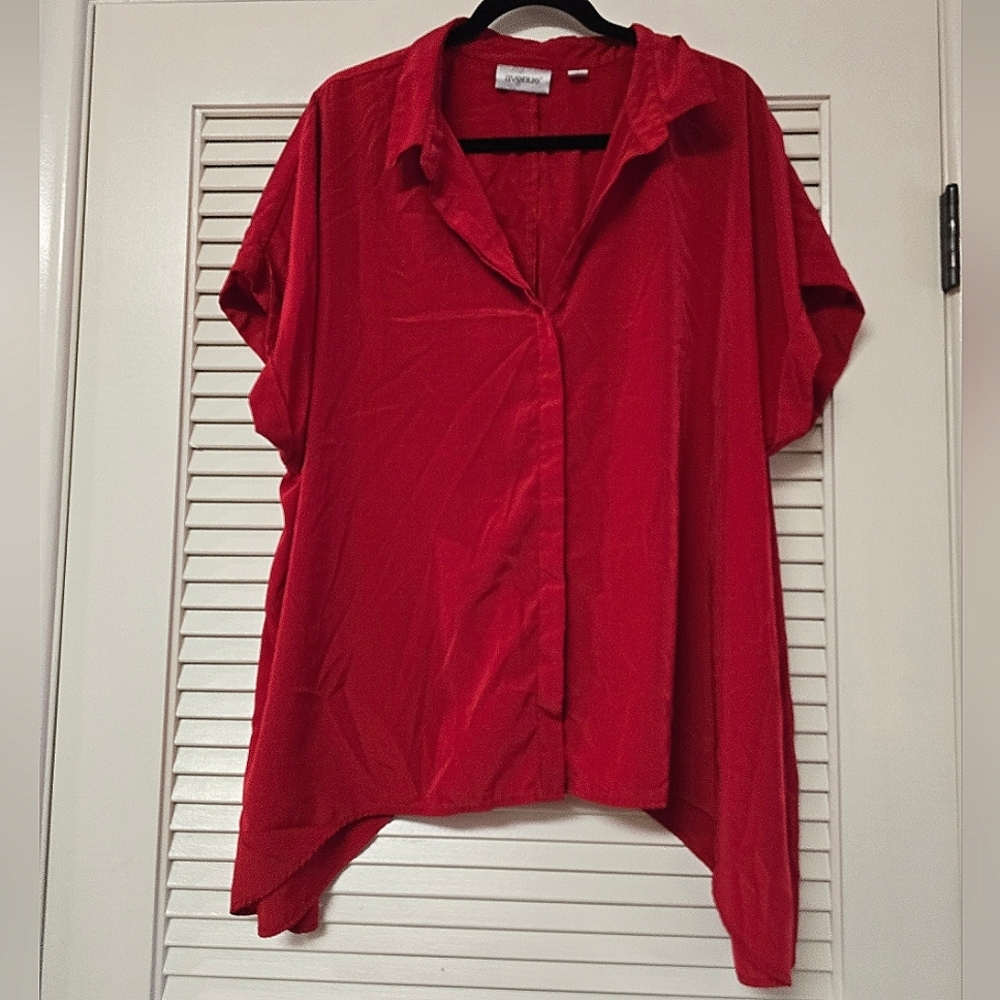 Avenue - (Plus-Size) Red Lightweight Faux Satin Short-Sleeve Top